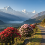 Crimson rhododendron flowers blooming in a mountain valley with snow-covered Himalayan peaks in the background.