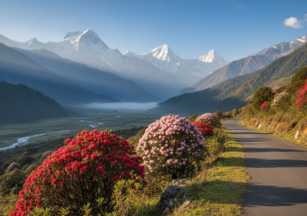 Crimson rhododendron flowers blooming in a mountain valley with snow-covered Himalayan peaks in the background.