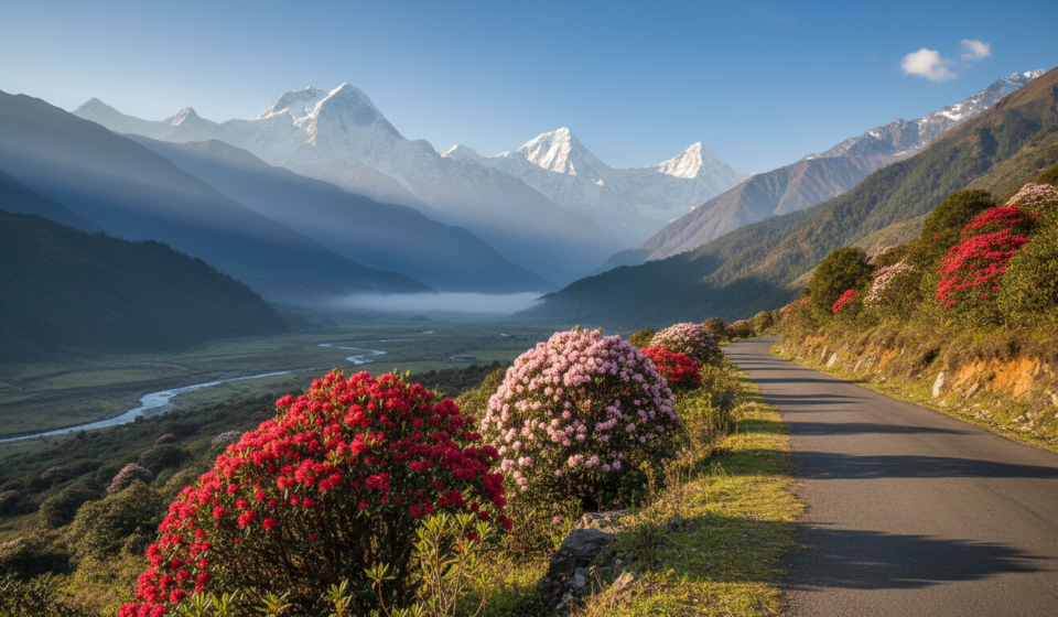 Crimson rhododendron flowers blooming in a mountain valley with snow-covered Himalayan peaks in the background.