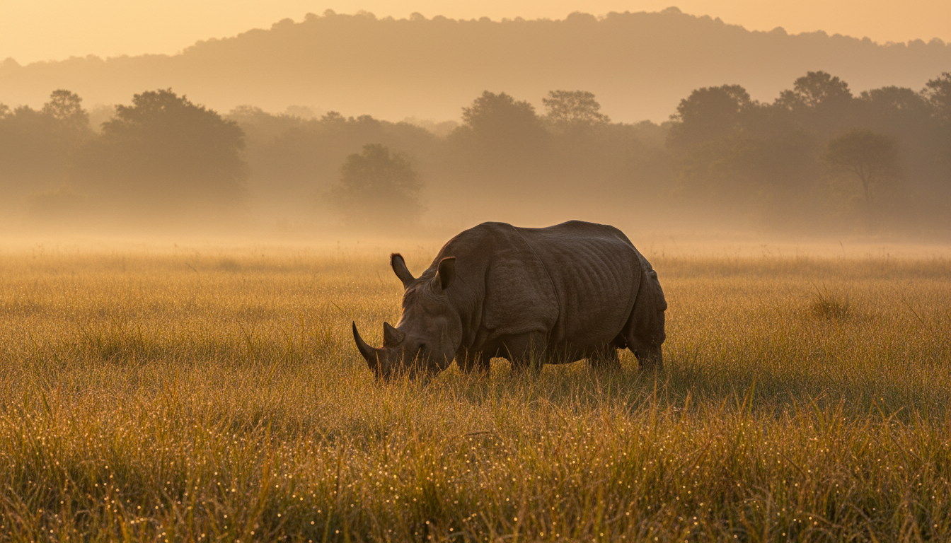A single-horned rhinoceros stands in tall golden grass draped in thin morning fog at Kaziranga National Park.