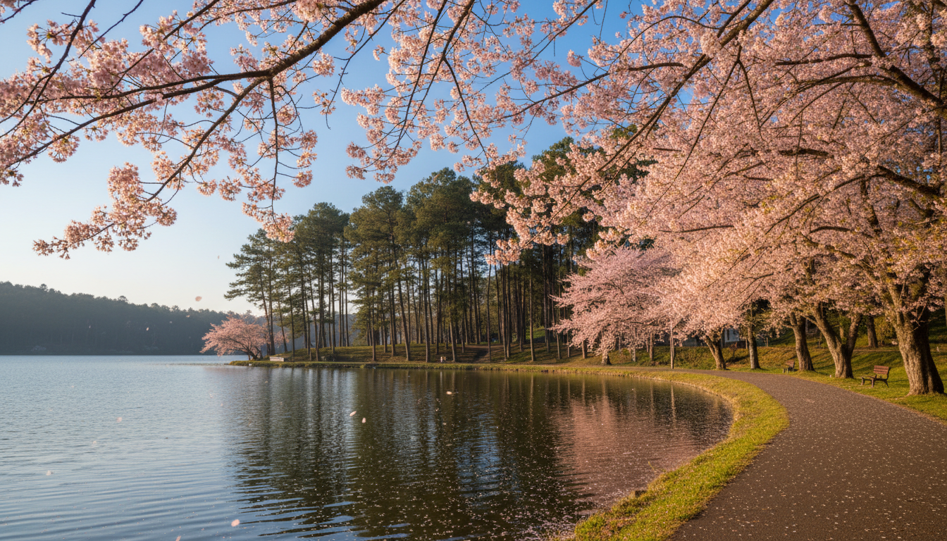 Pink cherry blossoms blooming along a tranquil lakeside path under a bright autumn afternoon sky in Shillong.