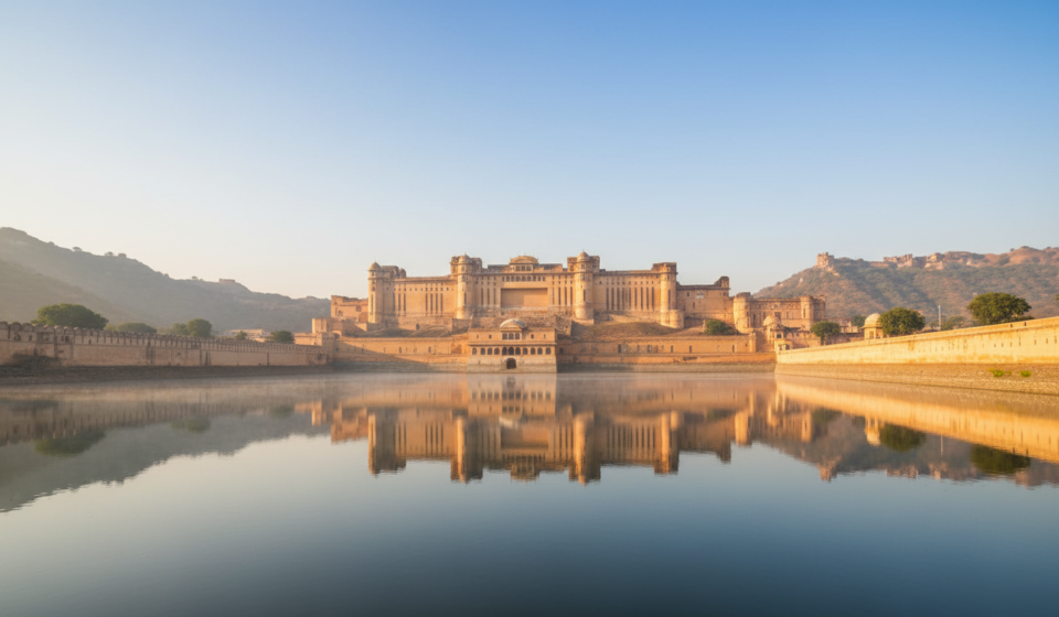 Amber Fort in Jaipur illuminated by warm morning sun, reflected in Maota Lake during clear autumn weather.