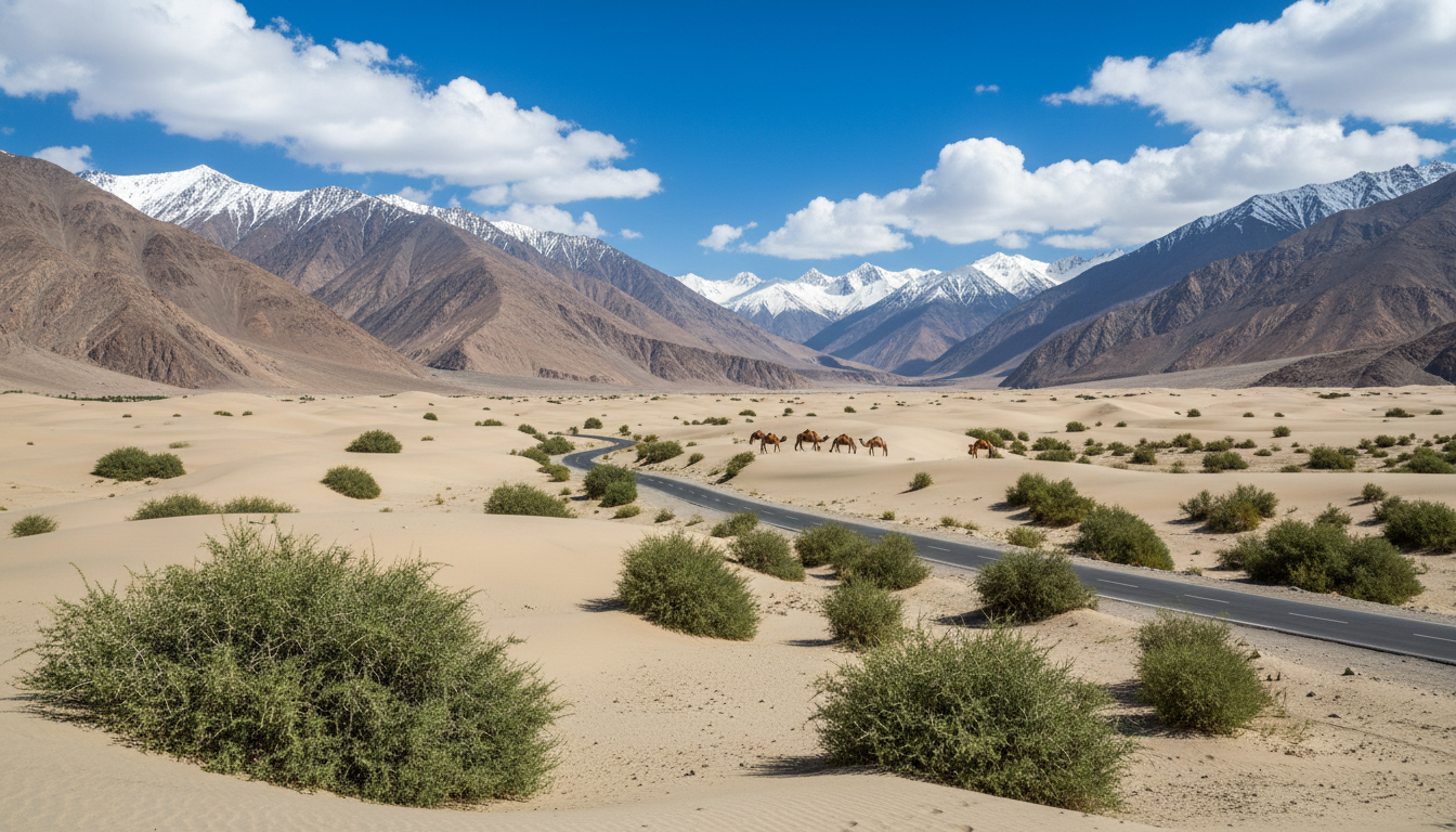 A paved road through Nubra Valley's sand dunes framed by barren Himalayan peaks under clear summer skies in Ladakh.