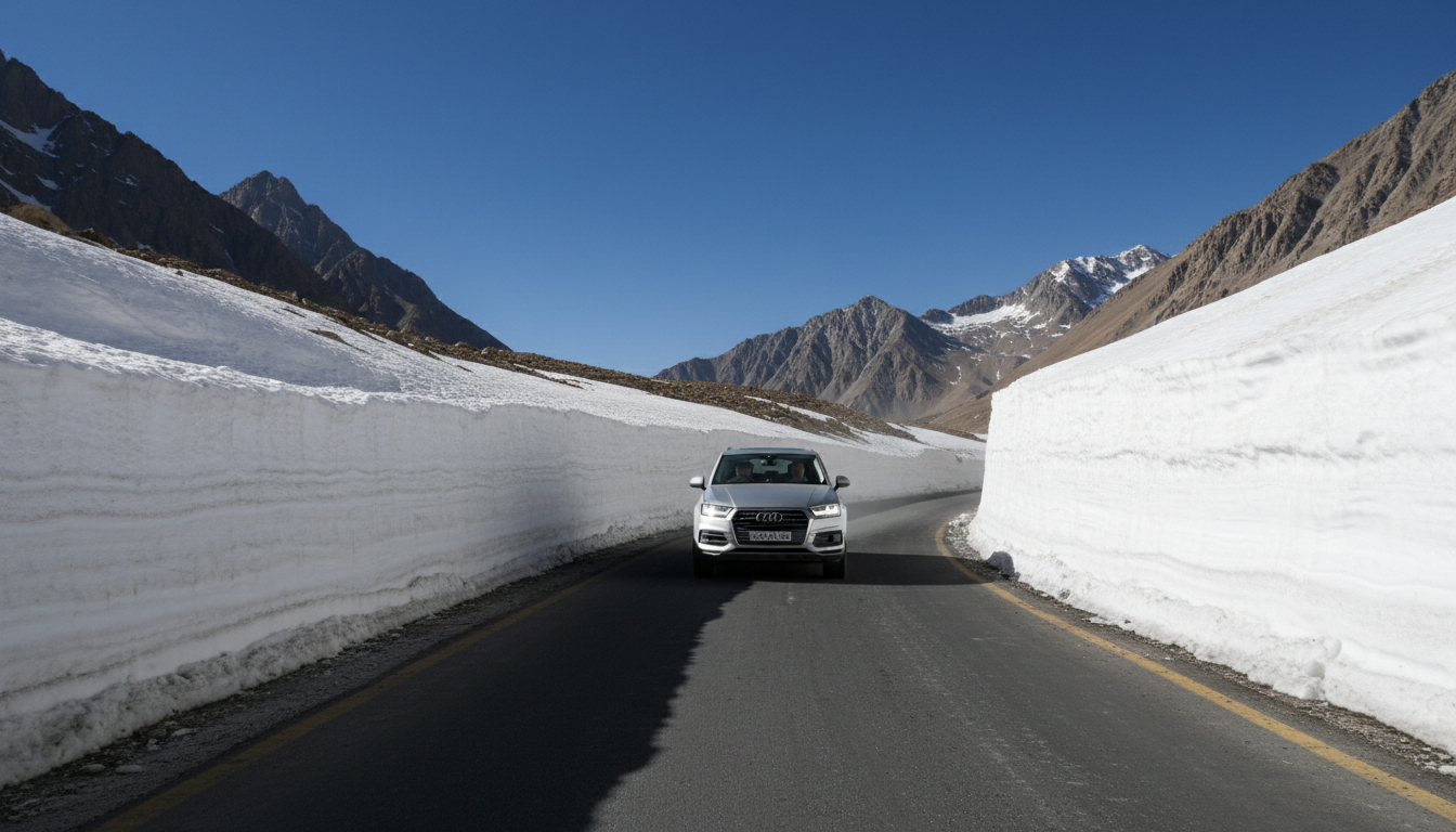 A motor vehicle driving along a freshly cleared two-lane asphalt mountain road between high snow walls in Himachal Pradesh.