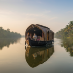 A wooden houseboat cruising along calm palm-lined backwaters in Alleppey during a clear winter morning.