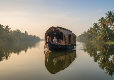 A wooden houseboat cruising along calm palm-lined backwaters in Alleppey during a clear winter morning.