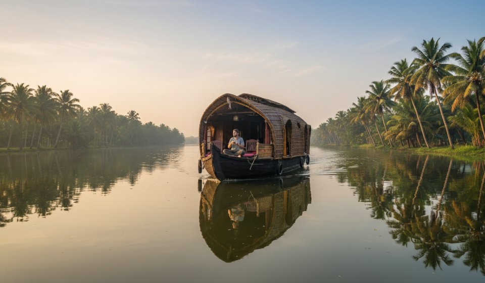 A wooden houseboat cruising along calm palm-lined backwaters in Alleppey during a clear winter morning.