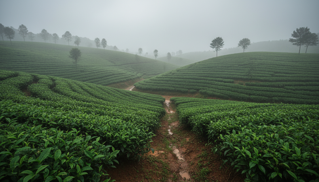 Lush green tea plantation hills in Munnar covered in thick monsoon mist and rain.