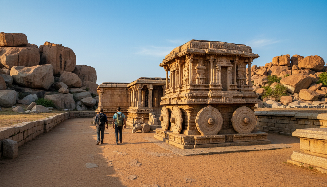 Ancient stone chariot and granite monuments in Hampi under clear blue winter skies.
