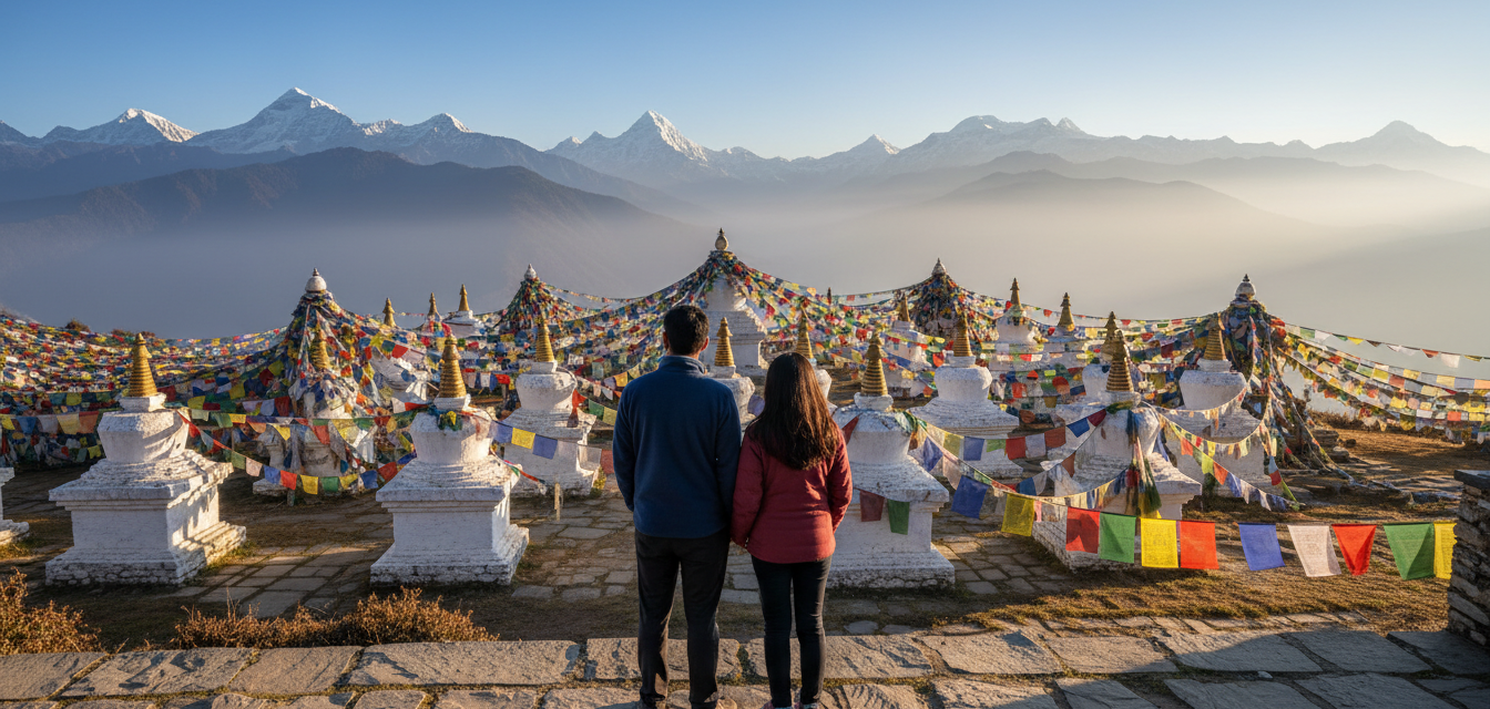 An Indian couple standing near the 108 Dochula Chortens against a mountain backdrop in Bhutan.