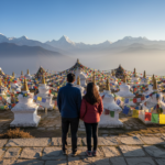 An Indian couple standing near the 108 Dochula Chortens against a mountain backdrop in Bhutan.