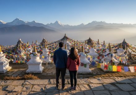 An Indian couple standing near the 108 Dochula Chortens against a mountain backdrop in Bhutan.