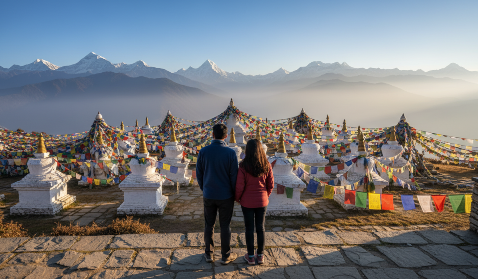 Bhutan Entry Permit for Indian Citizens: SDF Fees & Rules An Indian couple standing near the 108 Dochula Chortens against a mountain backdrop in Bhutan.