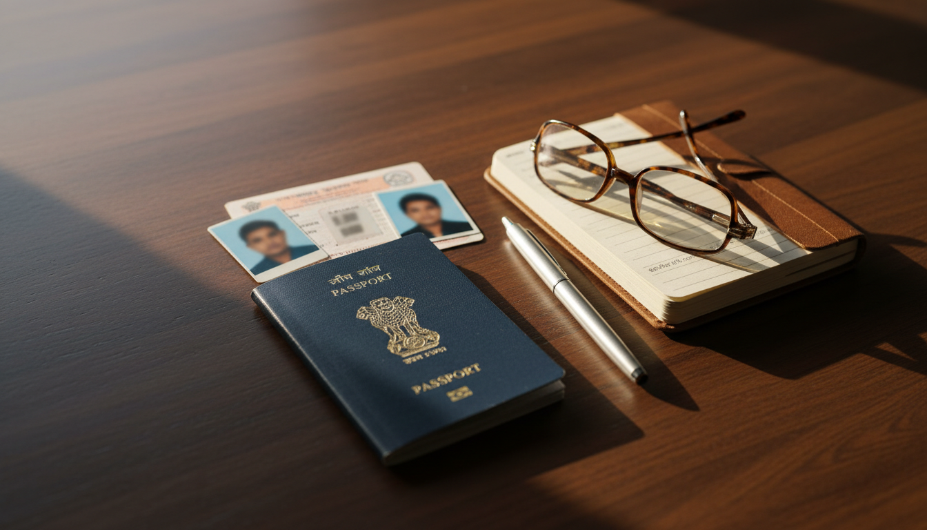 Bhutan Entry Permit for Indian Citizens: SDF Fees & Rules 2 Flat lay of an Indian passport, voter ID card, passport photos, and notebook on a wooden desk.