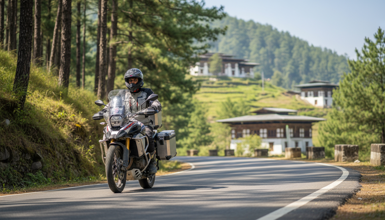 Bhutan Entry Permit for Indian Citizens: SDF Fees & Rules 1 A motorcycle touring on a winding mountain road framed by pine forests and valleys in Bhutan.