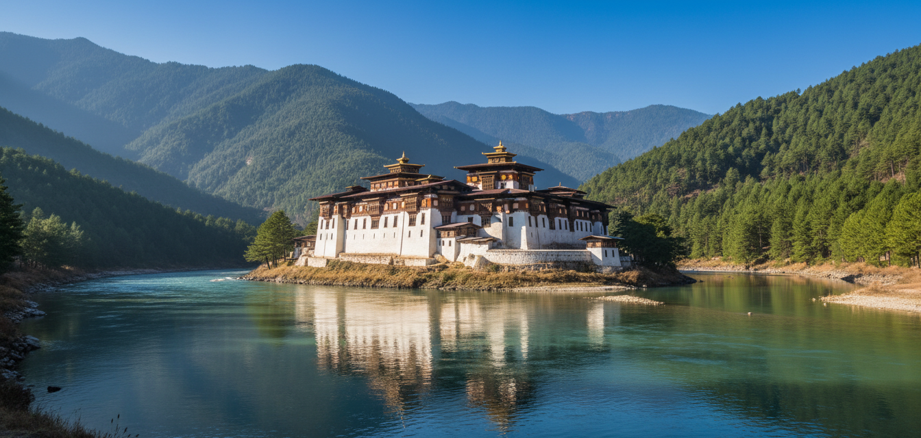 Punakha Dzong fortress seated between two blue rivers surrounded by green mountains in Bhutan.