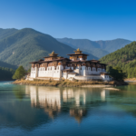 Punakha Dzong fortress seated between two blue rivers surrounded by green mountains in Bhutan.
