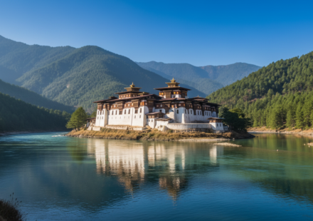 Punakha Dzong fortress seated between two blue rivers surrounded by green mountains in Bhutan.