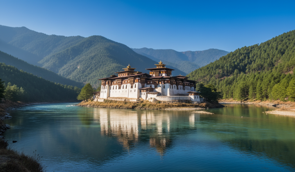 Punakha Dzong fortress seated between two blue rivers surrounded by green mountains in Bhutan.