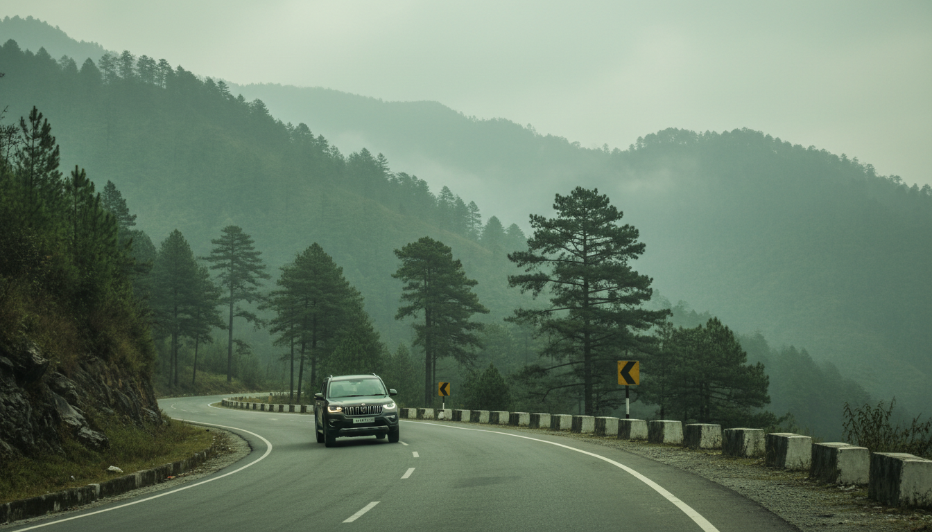 An SUV driving on a winding asphalt road through misty pine-covered mountains in Bhutan.