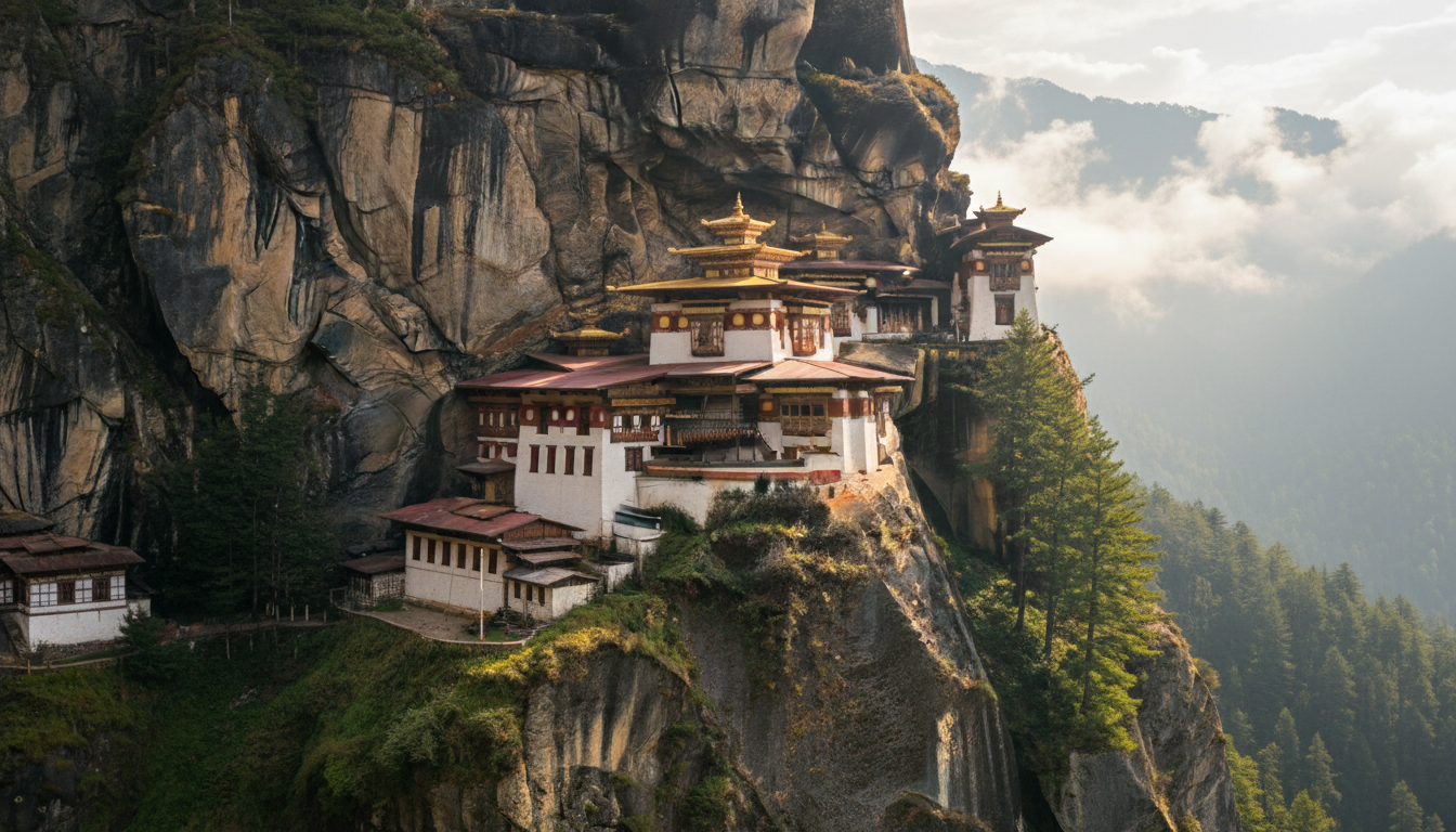 Tiger's Nest Monastery built onto a rocky cliff edge surrounded by green trees and light mountain mist.