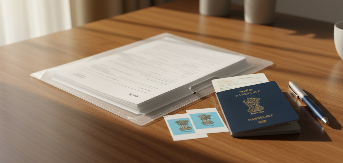 An organized desk with a passport, printed application documents, passport photos, and financial papers.