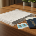 An organized desk with a passport, printed application documents, passport photos, and financial papers.