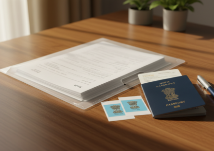 An organized desk with a passport, printed application documents, passport photos, and financial papers.