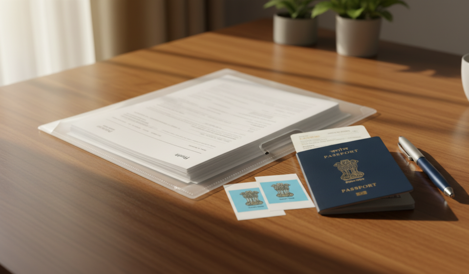 How to Book BLS Spain Visa Appointment in India: 2026 Guide An organized desk with a passport, printed application documents, passport photos, and financial papers.