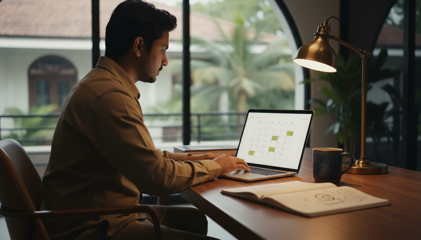 How to Book BLS Spain Visa Appointment in India: 2026 Guide 1 A laptop displaying an online calendar on a wooden desk next to a pen and notebook.
