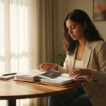 A young Indian woman reviewing financial and visa documents at a sunlit wooden table.
