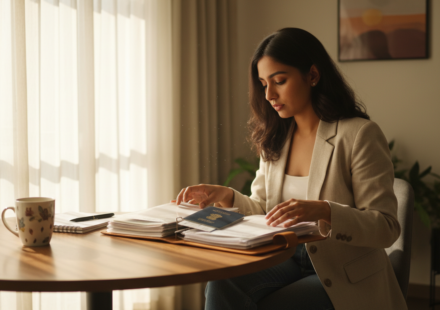 A young Indian woman reviewing financial and visa documents at a sunlit wooden table.