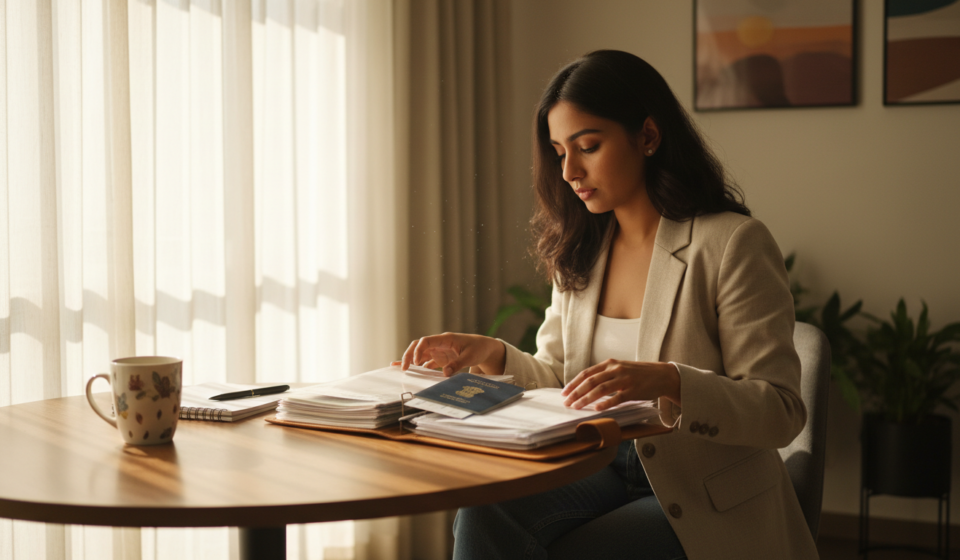 A young Indian woman reviewing financial and visa documents at a sunlit wooden table.