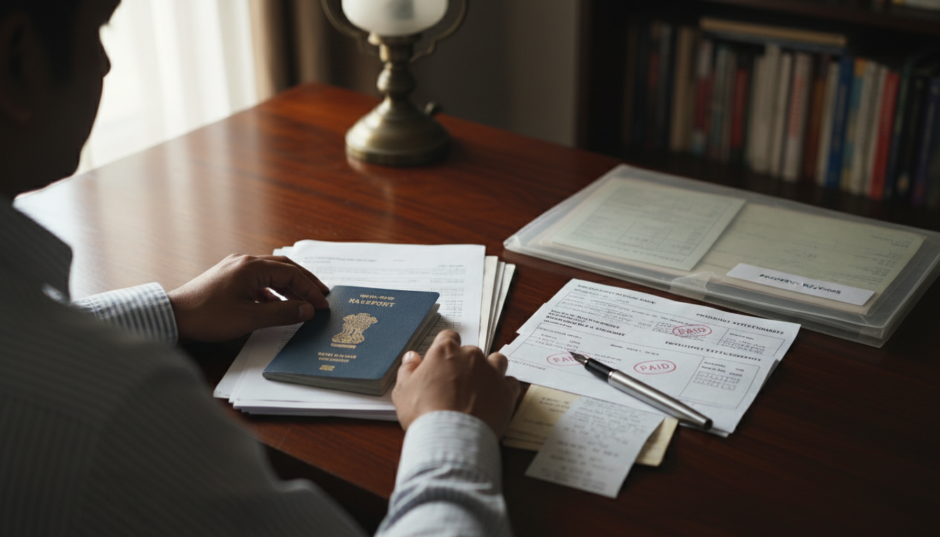 Hands arranging bank statements, property documents, and an Indian passport on a wooden desk.