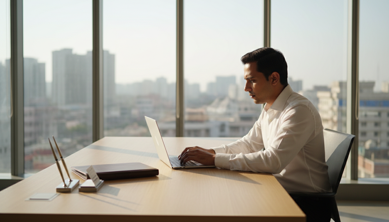 A professional working on a laptop at a modern desk with document folders.