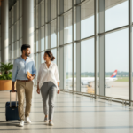 An Indian couple walking through a sunlit modern airport terminal carrying luggage and travel documents.