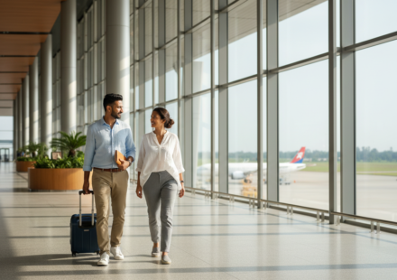 An Indian couple walking through a sunlit modern airport terminal carrying luggage and travel documents.