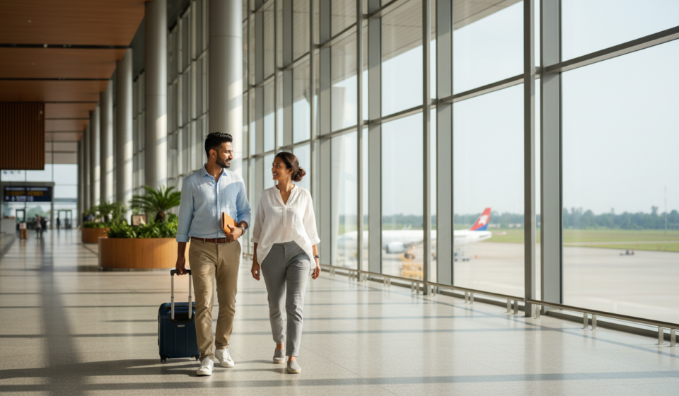 An Indian couple walking through a sunlit modern airport terminal carrying luggage and travel documents.