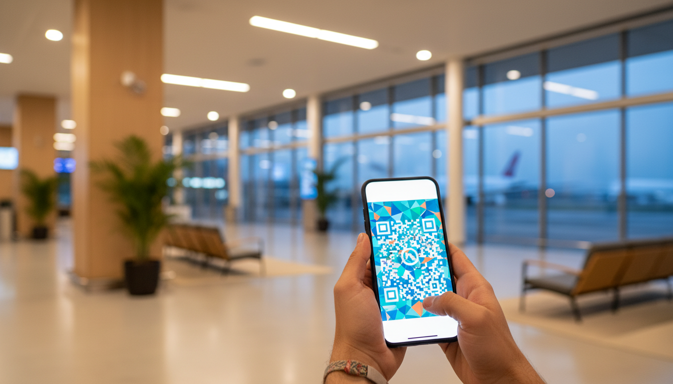 Hands holding a smartphone displaying a digital QR code in a brightly lit airport arrival hall.