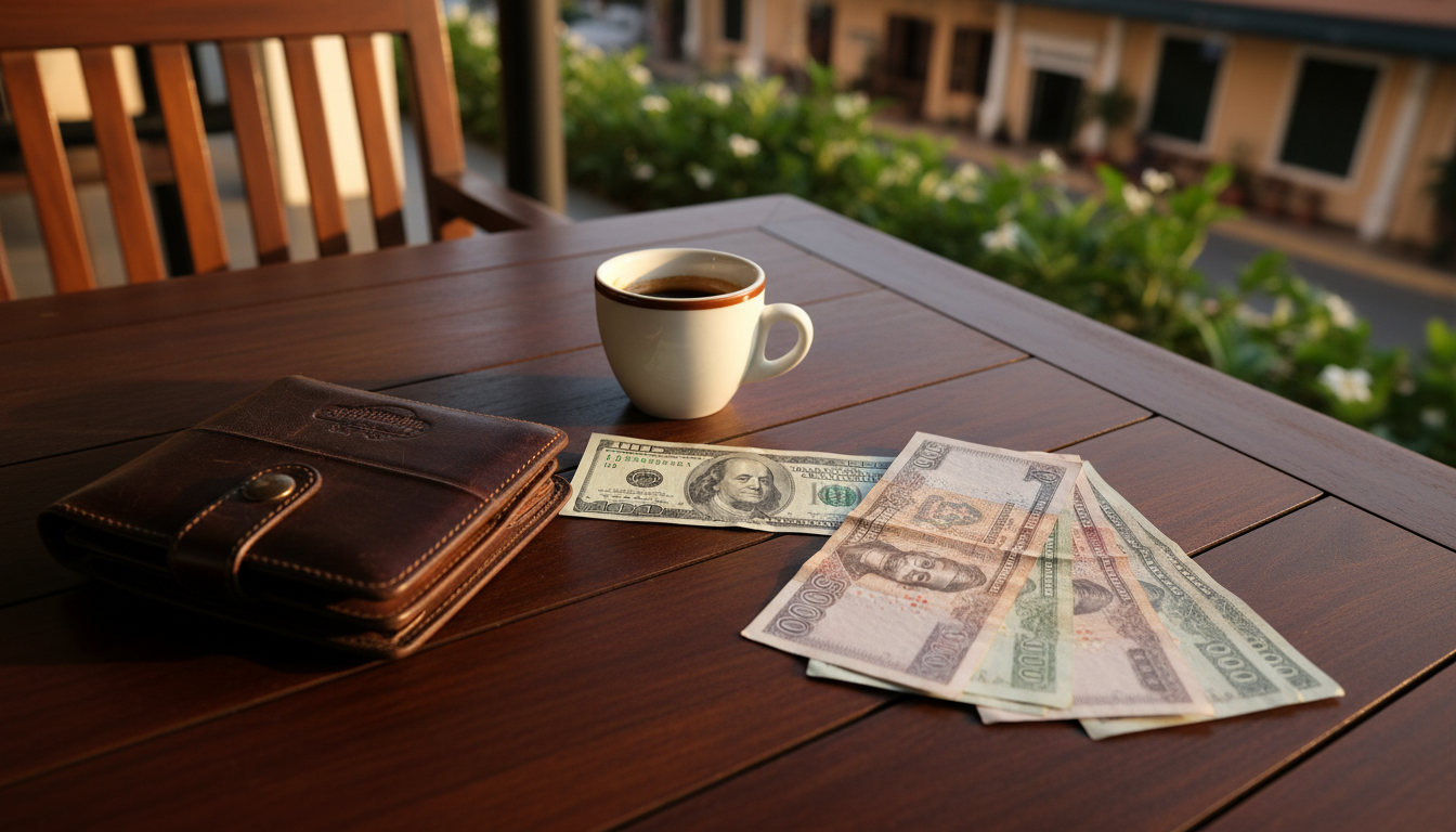 Clean US dollar notes and Cambodian Riel bills placed on a wooden table beside a coffee cup and leather wallet.