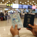 An Indian traveller holding an open expired passport with a valid visa alongside a new Indian passport at an airport desk.
