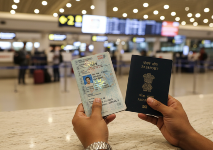 An Indian traveller holding an open expired passport with a valid visa alongside a new Indian passport at an airport desk.