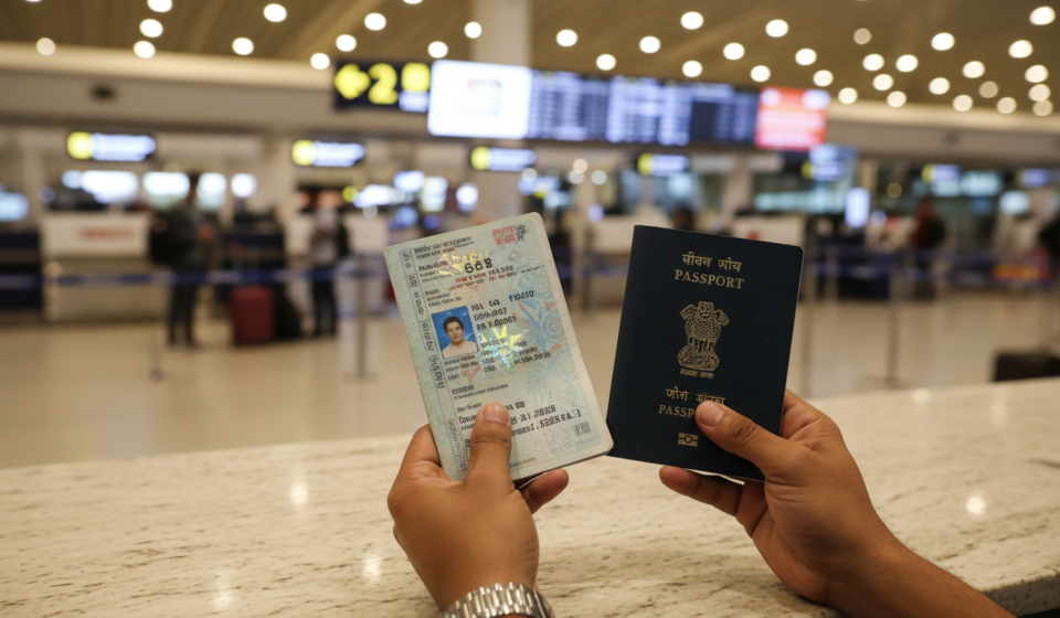 An Indian traveller holding an open expired passport with a valid visa alongside a new Indian passport at an airport desk.