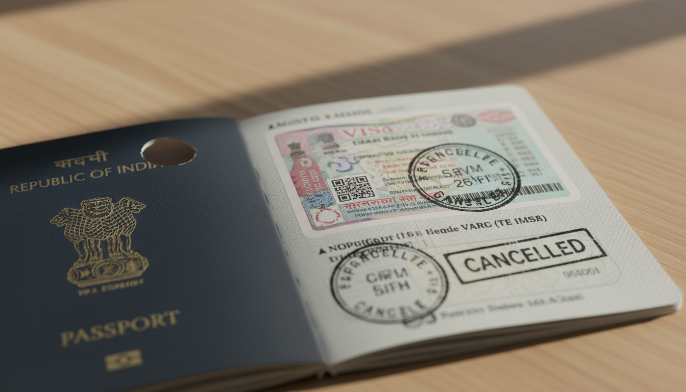 Close-up of an open cancelled Indian passport showing a punched hole in the cover while the visa sticker remains untouched.