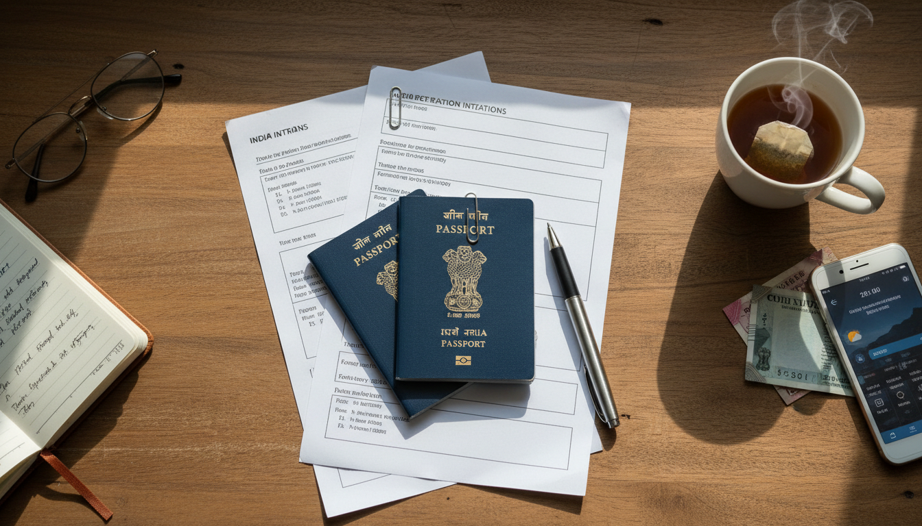 A traveller's desk with two Indian passport booklets secured with a paperclip next to printed flight itineraries.