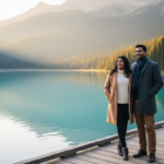 An Indian couple standing near a turquoise glacial lake with pine trees and snow-capped mountains in Canada.