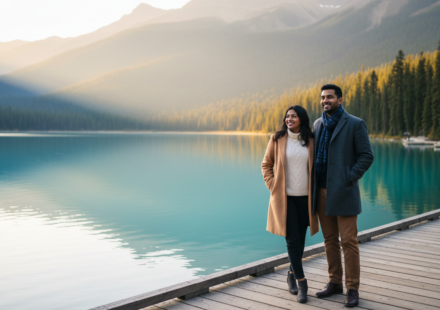 An Indian couple standing near a turquoise glacial lake with pine trees and snow-capped mountains in Canada.