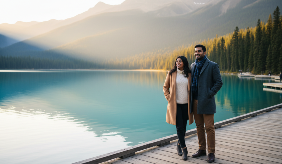 Canada Tourist Visa for Indians (2026): Process & Document List An Indian couple standing near a turquoise glacial lake with pine trees and snow-capped mountains in Canada.