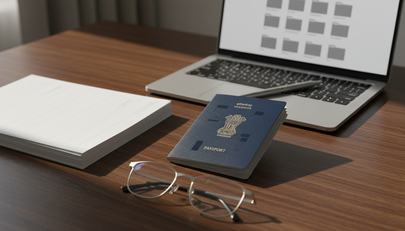 Canada Tourist Visa for Indians (2026): Process & Document List 1 Organized financial paperwork, an Indian passport, and a laptop arranged neatly on a wooden desk.