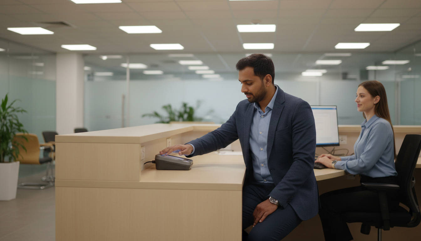 Canada Tourist Visa for Indians (2026): Process & Document List 2 An Indian applicant giving digital fingerprints on a desktop biometric scanner during a visa appointment.